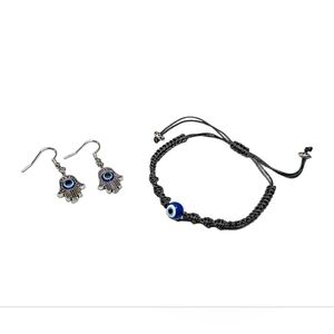 Silver and Blue Evil Eye Bracelet and Earrings Set